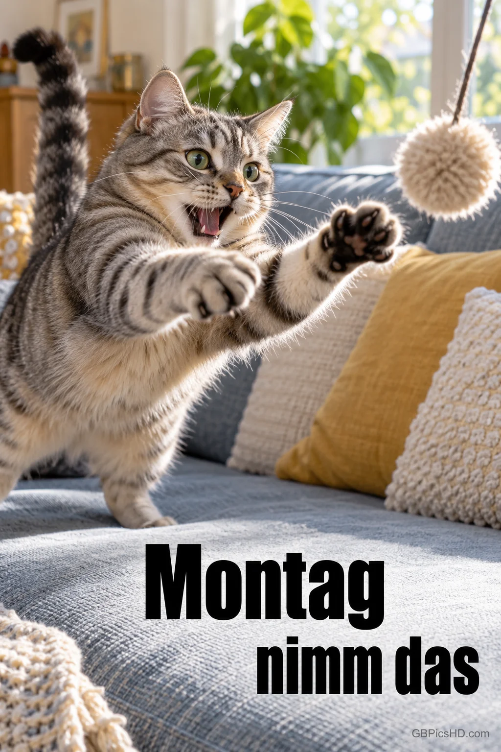 Eine getigerte Katze springt auf dem Sofa mit erhobenen Vorderpfoten nach einem hängenden Spielball: "Montag nimm das". Eine getigerte Katze springt auf dem Sofa mit erhobenen Vorderpfoten nach einem hängenden Spielball: "Montag nimm das".