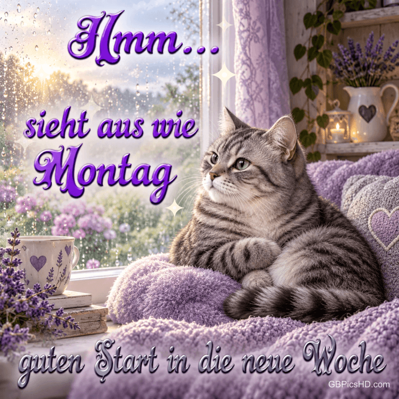 Eine graue Katze sitzt auf einer lila Decke am Fenster mit "Hmm... sieht aus wie Montag Guten Start in die neue Woche". Eine graue Katze sitzt auf einer lila Decke am Fenster mit "Hmm... sieht aus wie Montag Guten Start in die neue Woche".