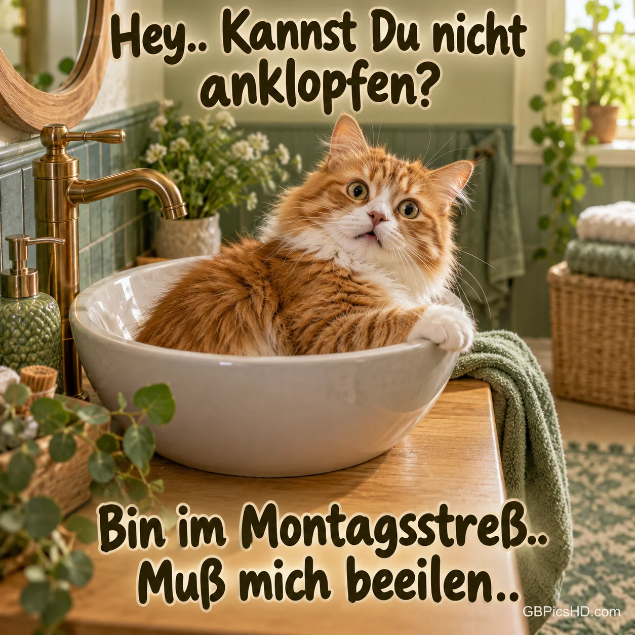 Eine rote Katze sitzt im Waschbecken mit "Hey.. Kannst Du nicht anklopfen? Bin im Montagsstress.. Muss mich beeilen..". Eine rote Katze sitzt im Waschbecken mit "Hey.. Kannst Du nicht anklopfen? Bin im Montagsstress.. Muss mich beeilen..".
