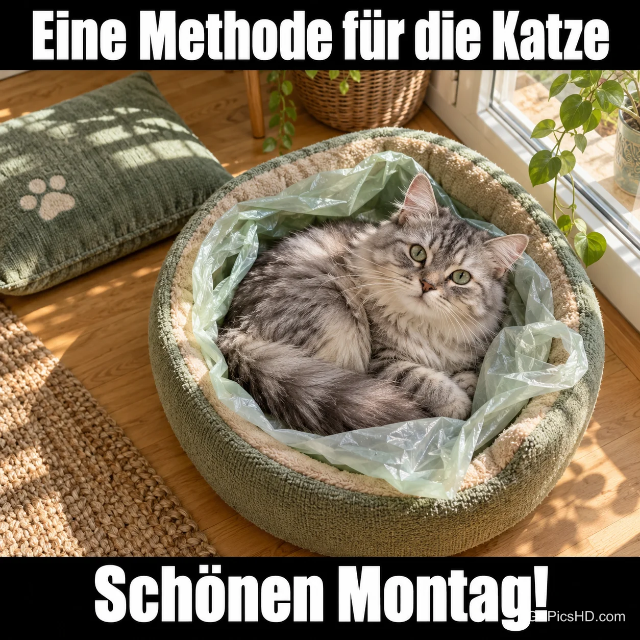 Eine graue Katze liegt im Körbchen auf grüner Folie mit "Eine Methode für die Katze Schönen Montag!". Eine graue Katze liegt im Körbchen auf grüner Folie mit "Eine Methode für die Katze Schönen Montag!".