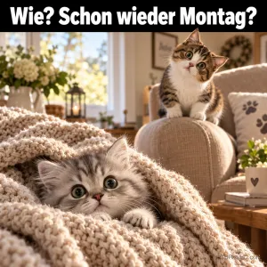 Ein Kätzchen schaut aus einer Decke, ein zweites sitzt auf der Sofalehne: "Wie? Schon wieder Montag?".