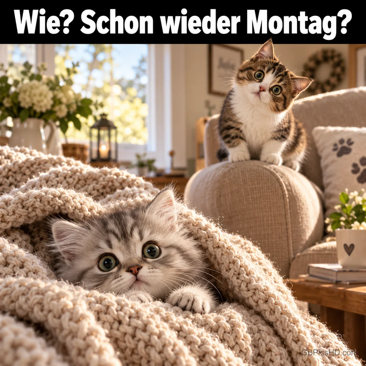 Ein Kätzchen schaut aus einer Decke, ein zweites sitzt auf der Sofalehne: "Wie? Schon wieder Montag?". Ein Kätzchen schaut aus einer Decke, ein zweites sitzt auf der Sofalehne: "Wie? Schon wieder Montag?".