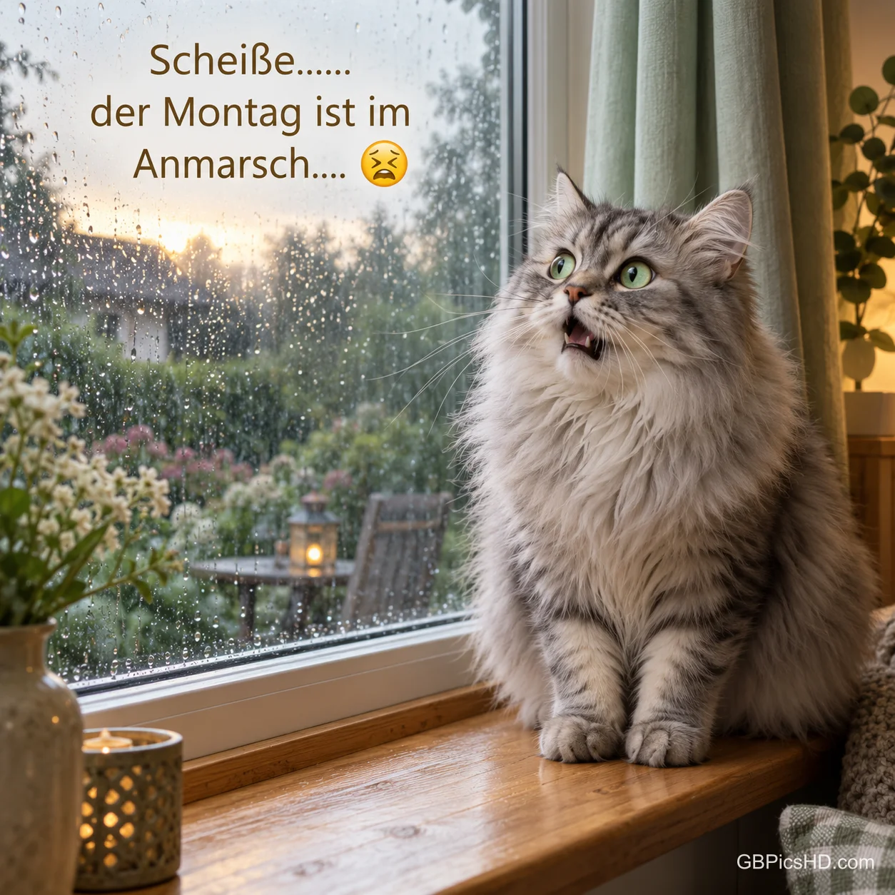Eine graue Langhaarkatze sitzt am regennassen Fenster: "Scheiße...... der Montag ist im Anmarsch... 😣". Eine graue Langhaarkatze sitzt am regennassen Fenster: "Scheiße...... der Montag ist im Anmarsch... 😣".