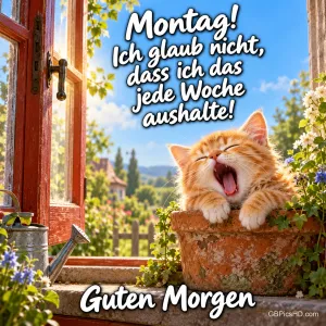 Ein rotes Kätzchen gähnt im Blumentopf: "Montag! Ich glaub nicht, dass ich das jede Woche aushalte! Guten Morgen".