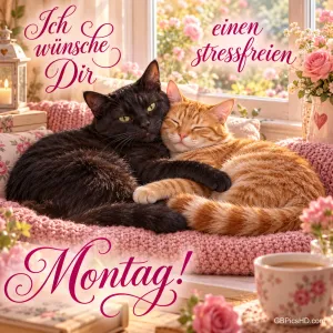 Eine schwarze und eine rote Katze kuscheln auf einer rosa Decke mit "Ich wünsche Dir einen stressfreien Montag!".