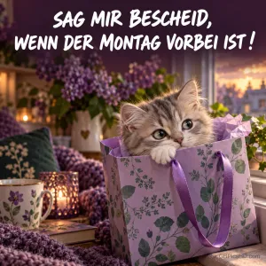 Ein graues Kätzchen sitzt in einer lila Geschenktüte neben Blumen und Kerzen: "Sag mir Bescheid, wenn der Montag vorbei ist!"