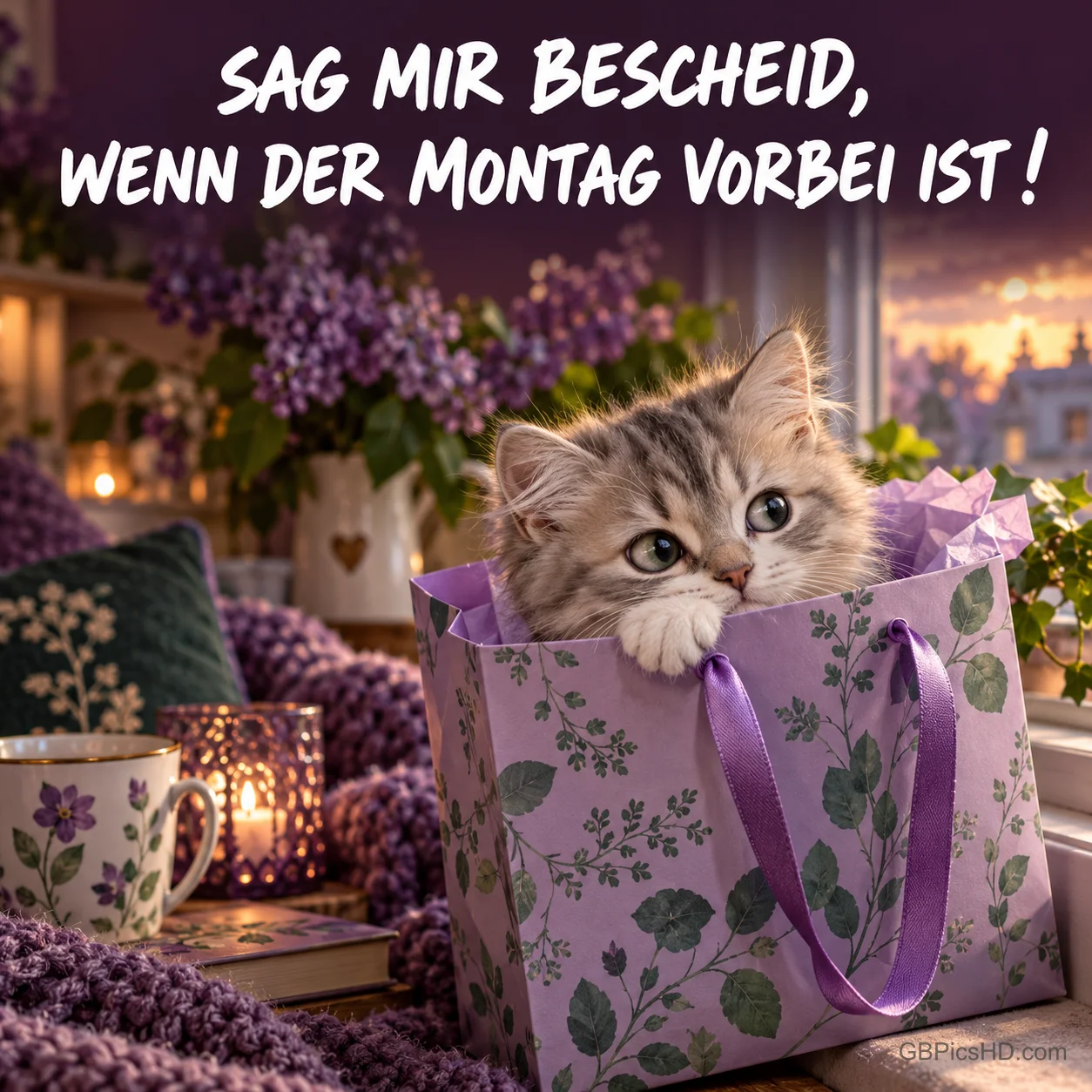 Ein graues Kätzchen sitzt in einer lila Geschenktüte neben Blumen und Kerzen: "Sag mir Bescheid, wenn der Montag vorbei ist!"