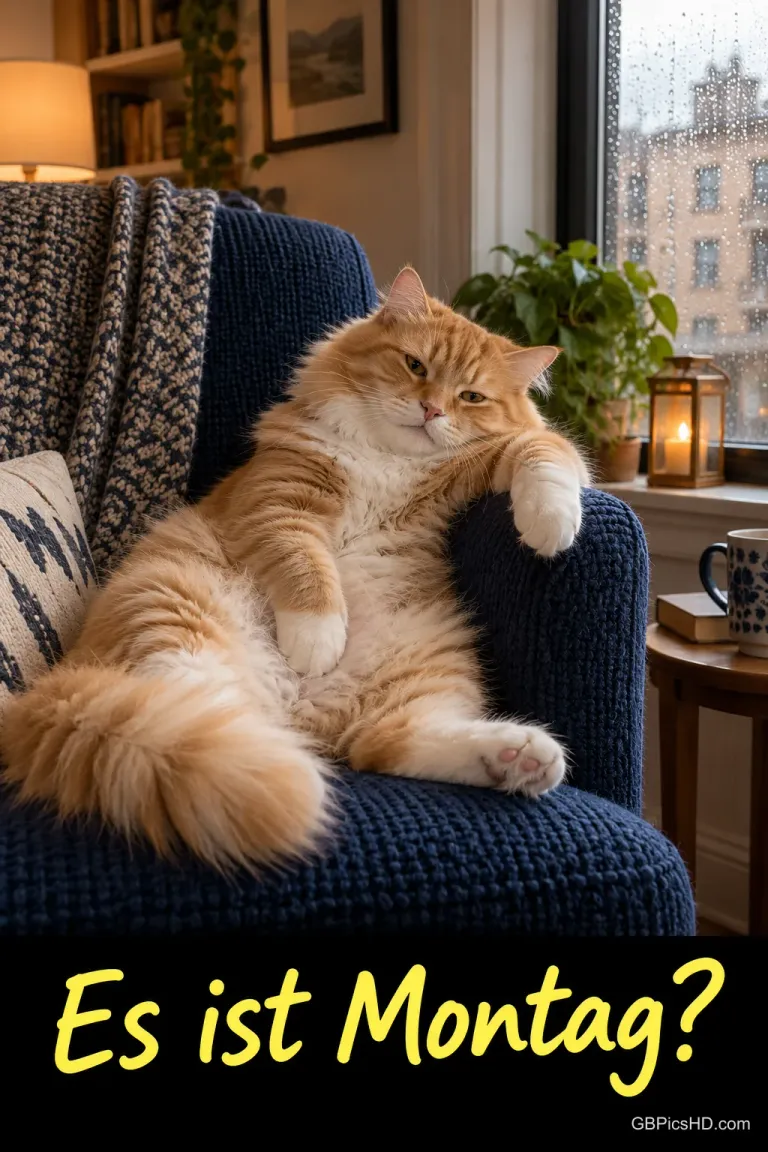 Eine orangefarbene Katze sitzt zurückgelehnt in einem dunkelblauen Sessel am regennassen Fenster: "Es ist Montag?"