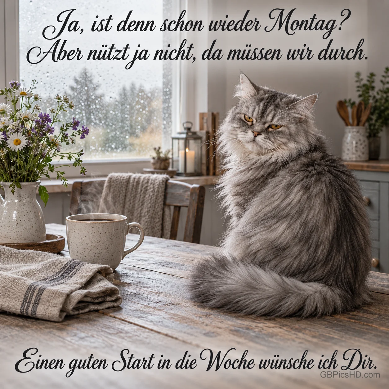 Eine graue Langhaarkatze sitzt neben einer Tasse und Blumen auf einem Holztisch: "Ja, ist denn schon wieder Montag?"