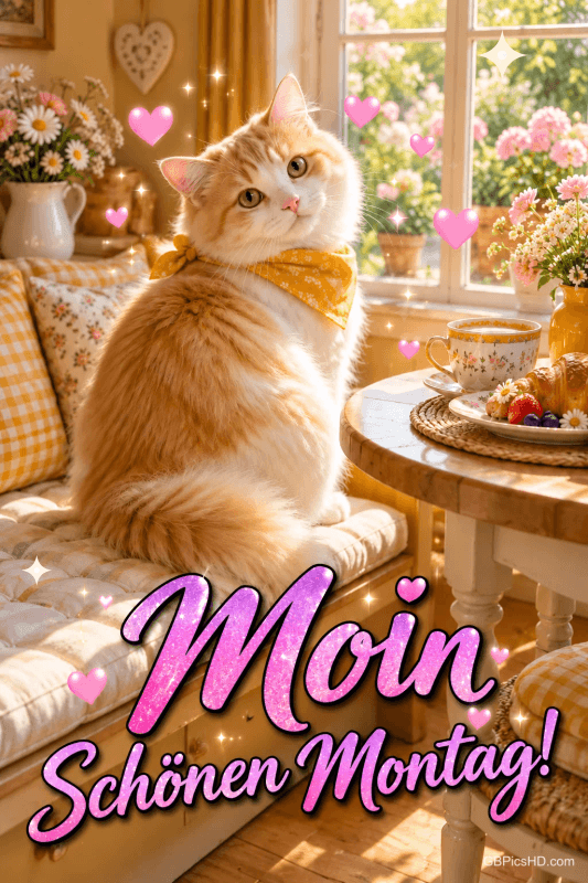 Eine orange-weiße Katze mit gelbem Halstuch sitzt am sonnigen Frühstückstisch, umgeben von rosa Herzen: "Moi Schönen Montag!"