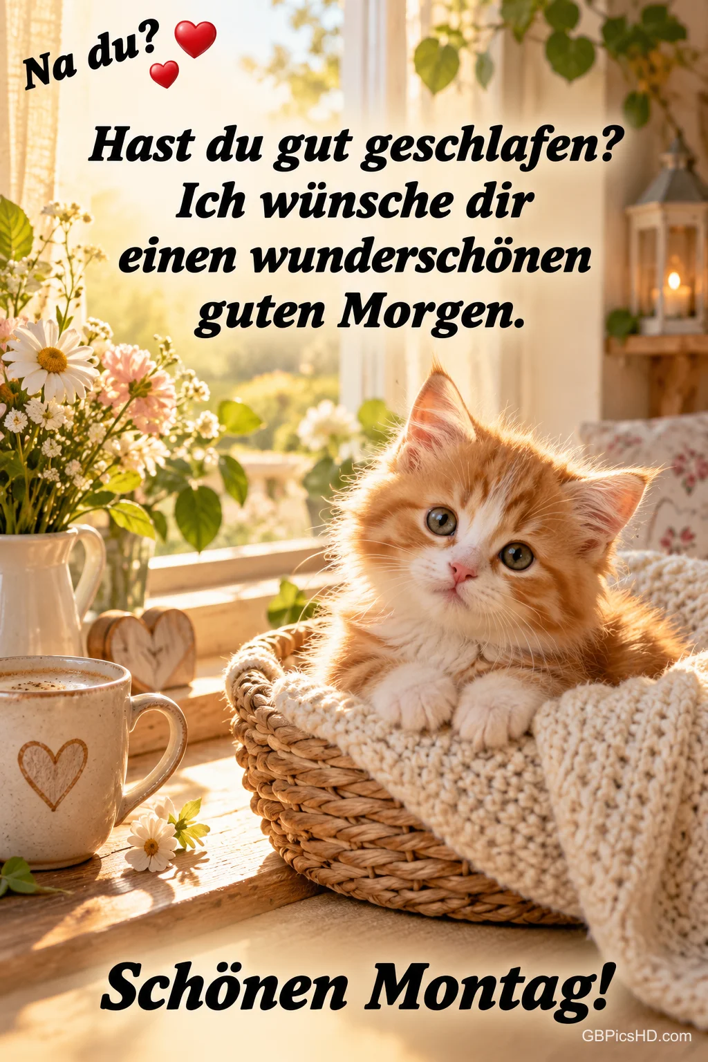 Ein orange-weißes Kätzchen liegt in einem Korb neben einer Tasse mit Herz und Blumen am sonnigen Fenster: "Schönen Montag!"