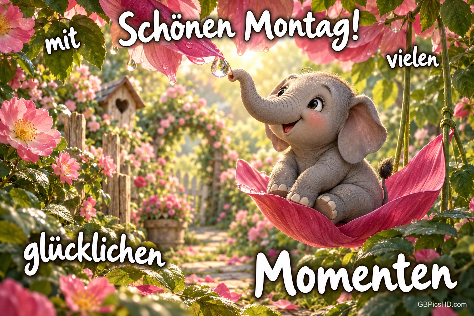 Ein kleiner Elefant sitzt auf einer rosa Blütenblattschaukel im Blumengarten: "Schönen Montag! Mit vielen glücklichen Momenten"