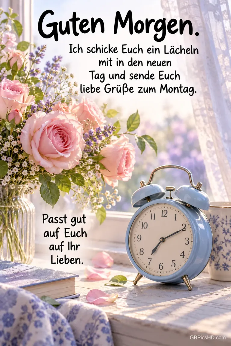 Rosa Rosen, ein blauer Wecker, Bücher und eine gemusterte Tasse stehen am sonnigen Fenster: "Guten Morgen."