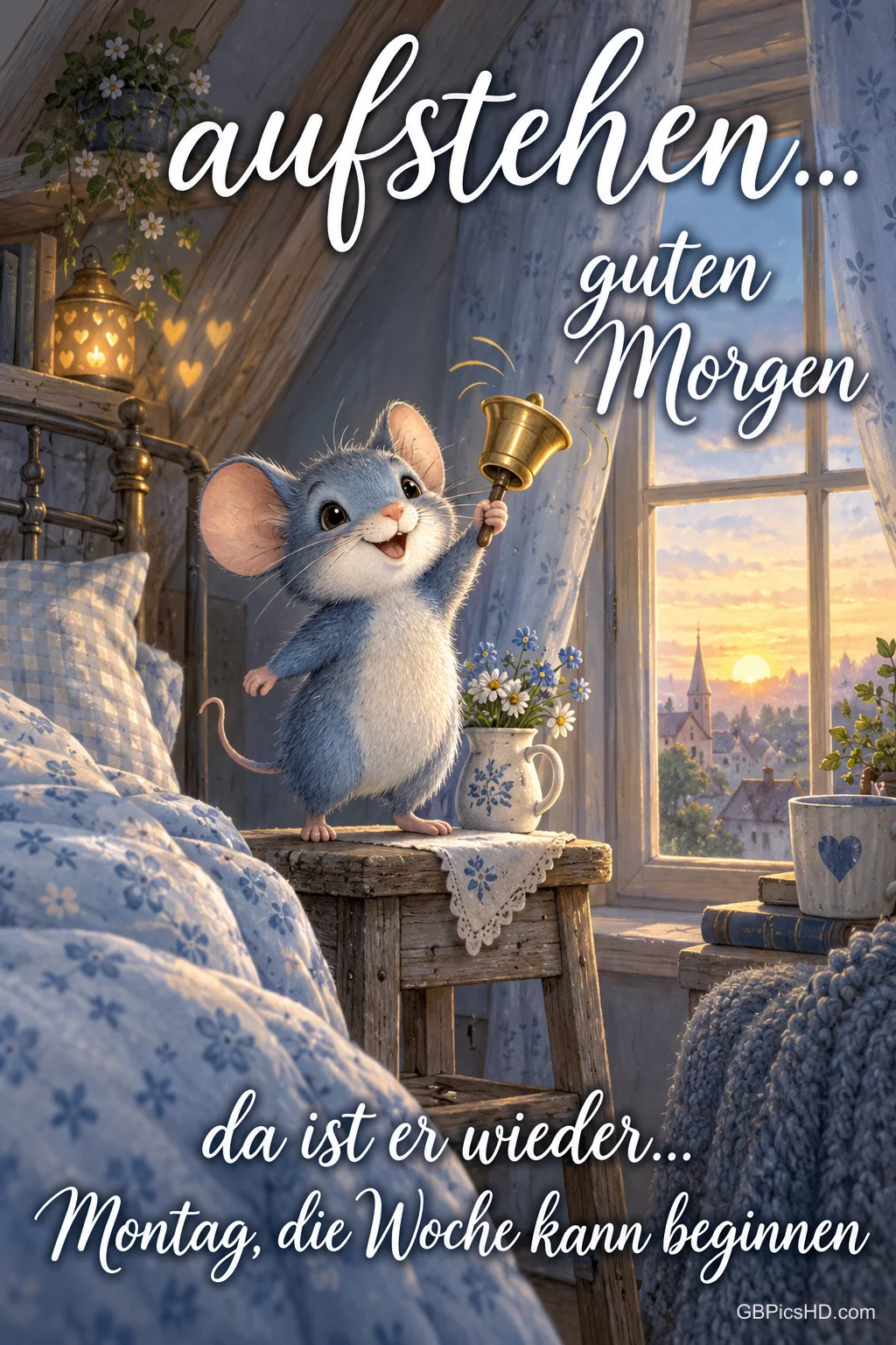 Eine kleine Maus läutet am Bett eine Glocke; dazu steht "Aufstehen... Guten Morgen".