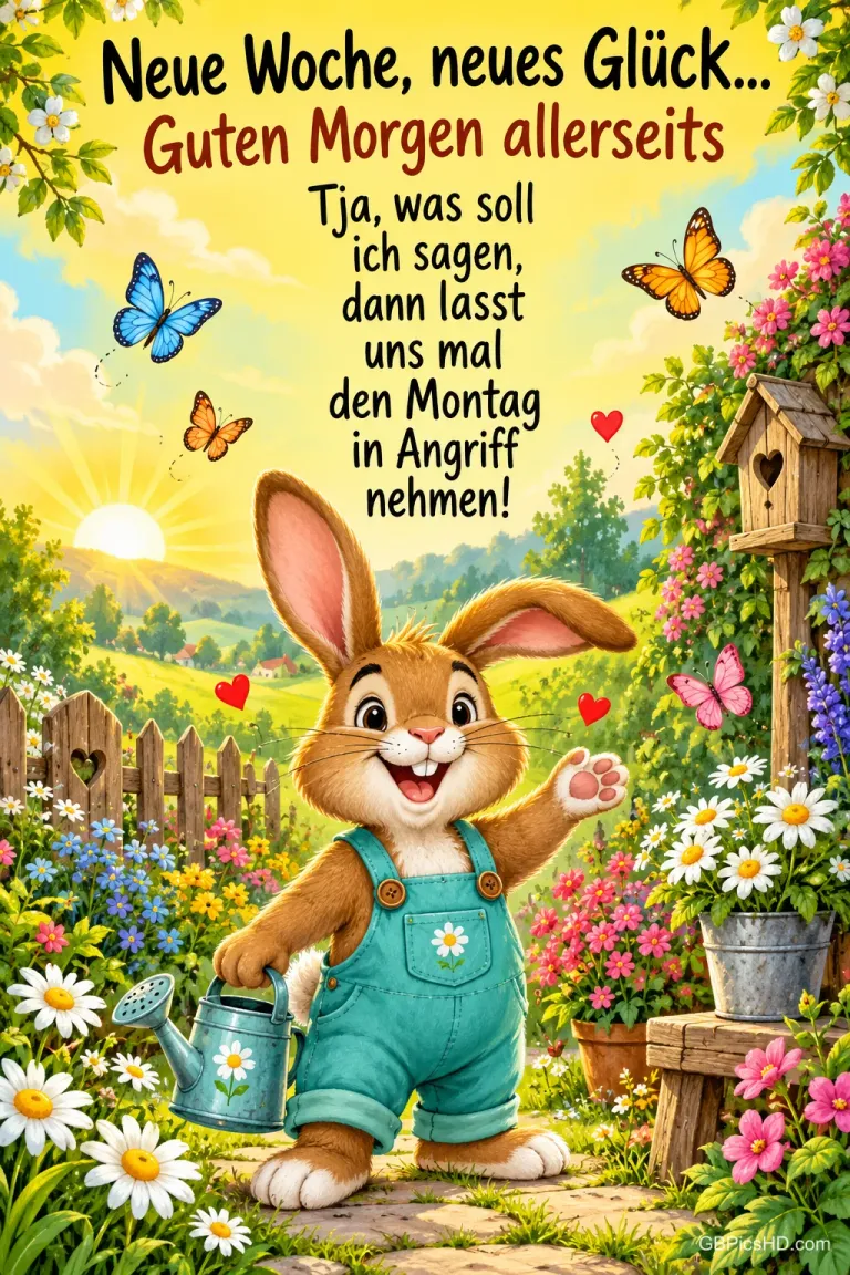 Ein Hase in türkisfarbener Latzhose winkt mit einer Gießkanne im sonnigen Blumengarten: "Neue Woche, neues Glück...".