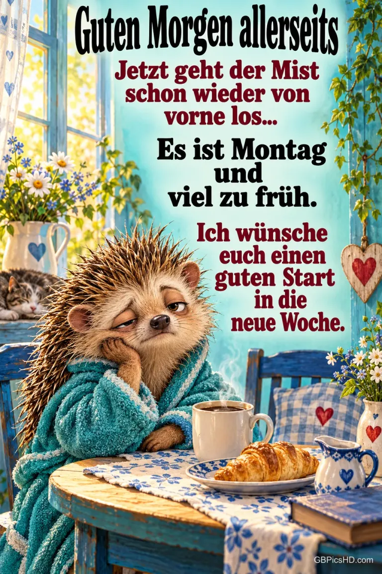 Ein müder Igel im Bademantel sitzt mit Kaffee und einem Croissant am Frühstückstisch: "Es ist Montag und viel zu früh.".