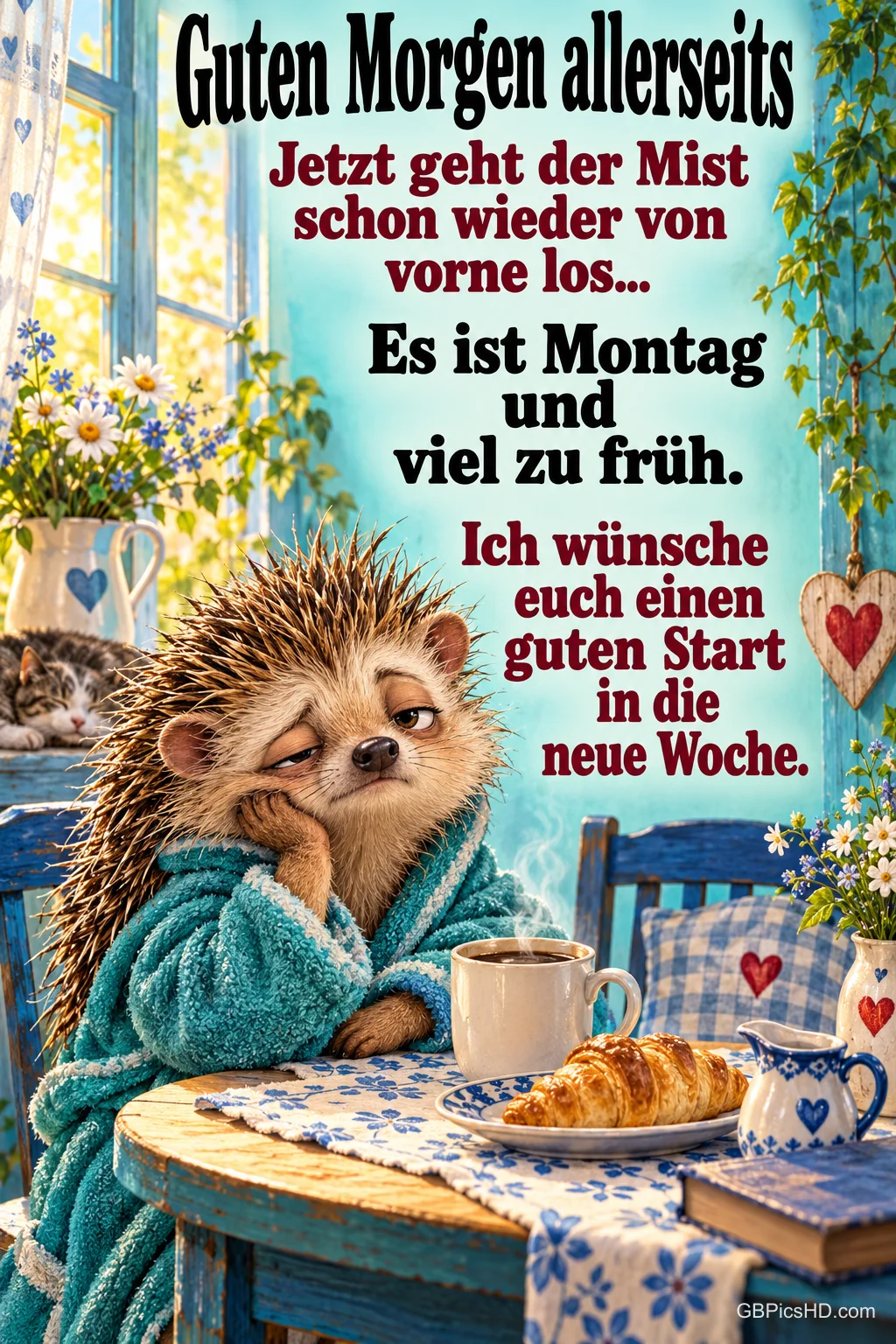 Ein müder Igel im Bademantel sitzt mit Kaffee und einem Croissant am Frühstückstisch: "Es ist Montag und viel zu früh.".