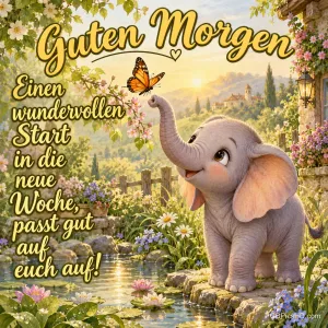 Ein kleiner Elefant hebt am blühenden Teich den Rüssel zu einem Schmetterling; darüber steht "Guten Morgen".