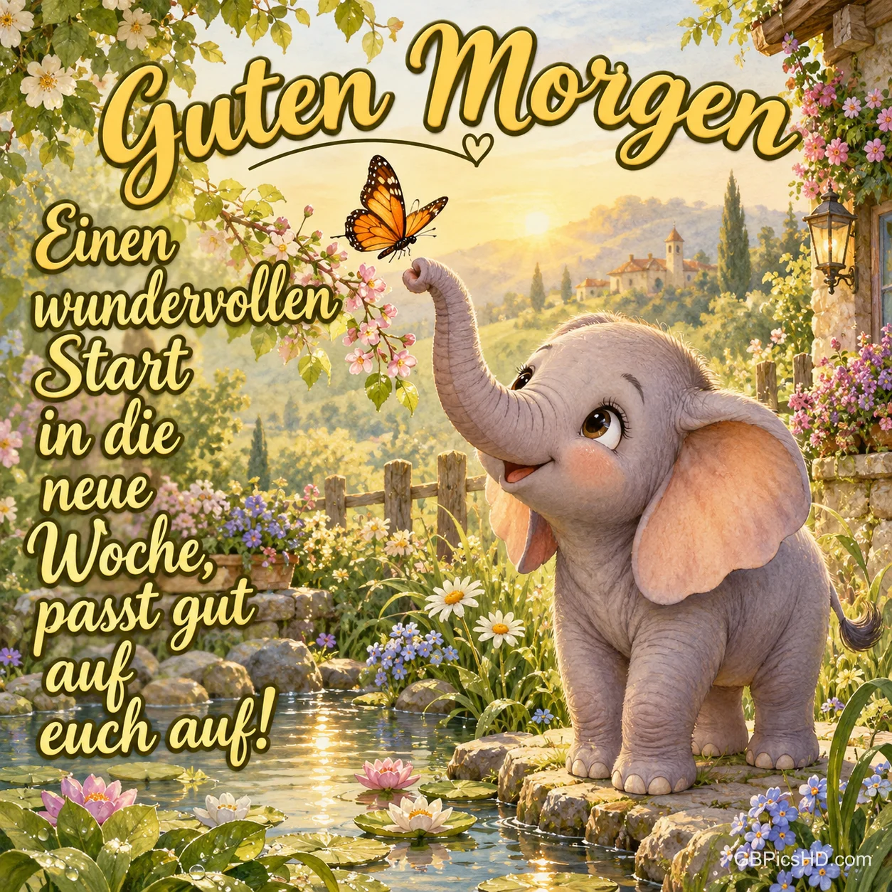 Ein kleiner Elefant hebt am blühenden Teich den Rüssel zu einem Schmetterling; darüber steht "Guten Morgen".