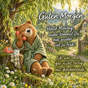 Ein Bär im grünen Bademantel sitzt mit einem Telefonhörer am Ohr unter einem Baum; daneben steht "Guten Morgen".