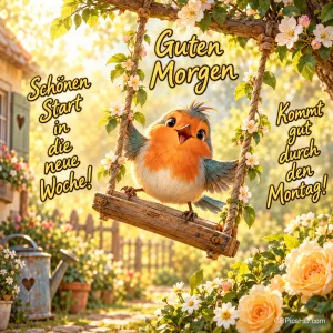 Ein orangefarbener Vogel sitzt auf einer blumengeschmückten Holzschaukel im Garten; darüber steht "Guten Morgen".
