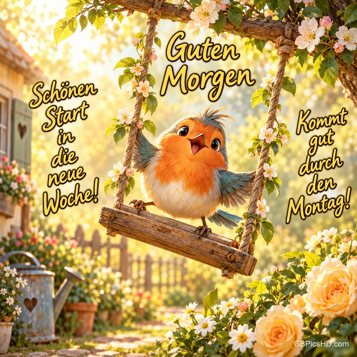 Ein orangefarbener Vogel sitzt auf einer blumengeschmückten Holzschaukel im Garten; darüber steht "Guten Morgen".