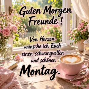 Eine rosa Tasse mit Herz im Milchschaum steht zwischen Blumen am offenen Fenster; dazu steht "Guten Morgen Freunde!".