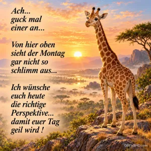 Eine Giraffe steht auf einem Felsen über einer Savanne im Sonnenaufgang; daneben steht "Ach... guck mal einer an...".