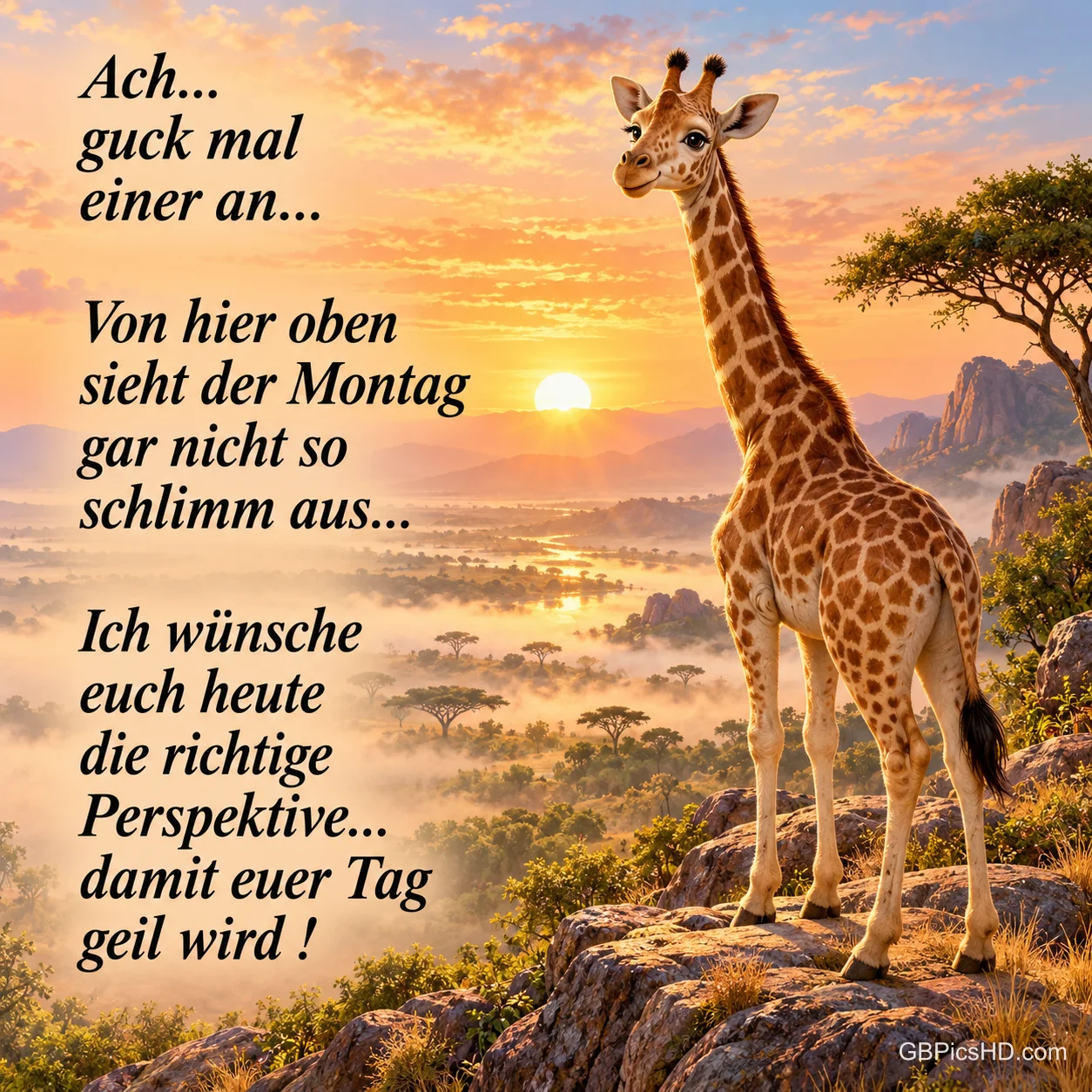 Eine Giraffe steht auf einem Felsen über einer Savanne im Sonnenaufgang; daneben steht "Ach... guck mal einer an...".