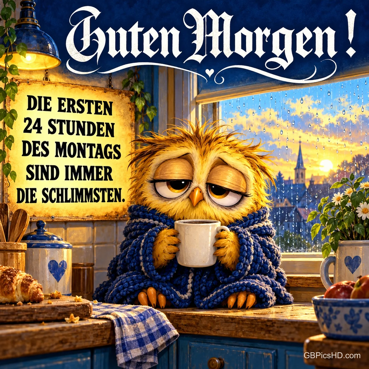 Eine müde Eule hält, in eine blaue Decke gehüllt, eine Tasse vor einem regennassen Fenster; darüber steht "Guten Morgen!".