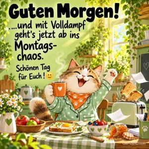 Eine fröhliche Katze im grünen Schlafanzug hebt eine Pfote und hält eine orange Tasse am Frühstückstisch; dazu steht "Guten Morgen!".