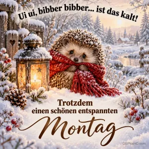 Ein Igel mit rotem Schal im Schnee grüßt: "Ui ui, bibber bibber... ist das kalt! Trotzdem einen schönen entspannten Montag".