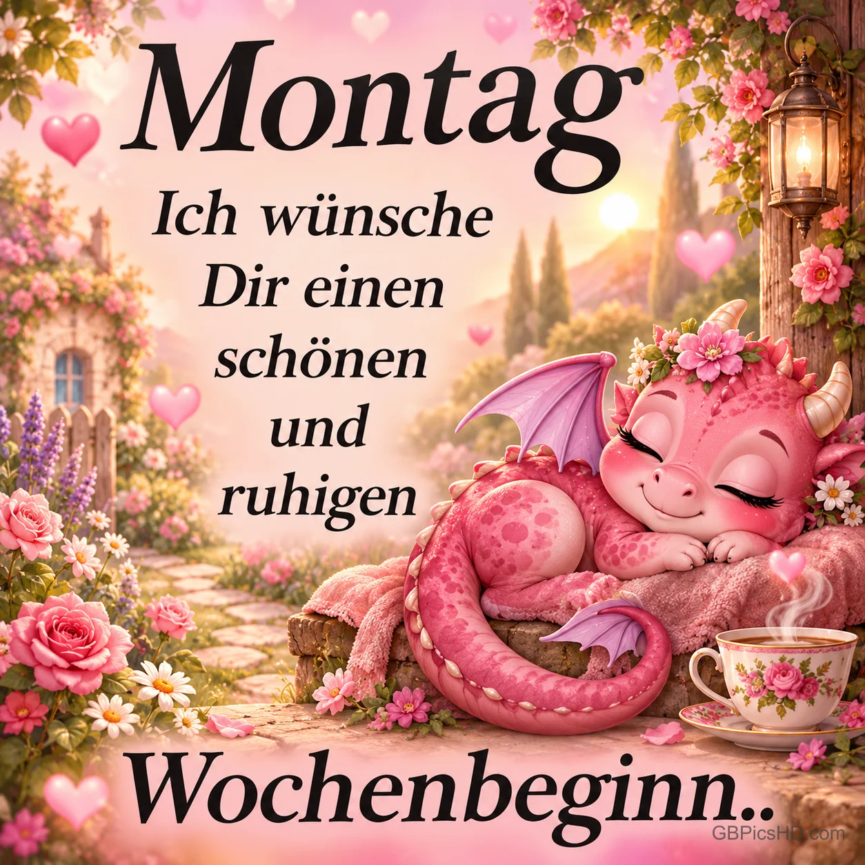 Ein rosa Drache schläft neben einer Teetasse: "Montag Ich wünsche Dir einen schönen und ruhigen Wochenbeginn..".
