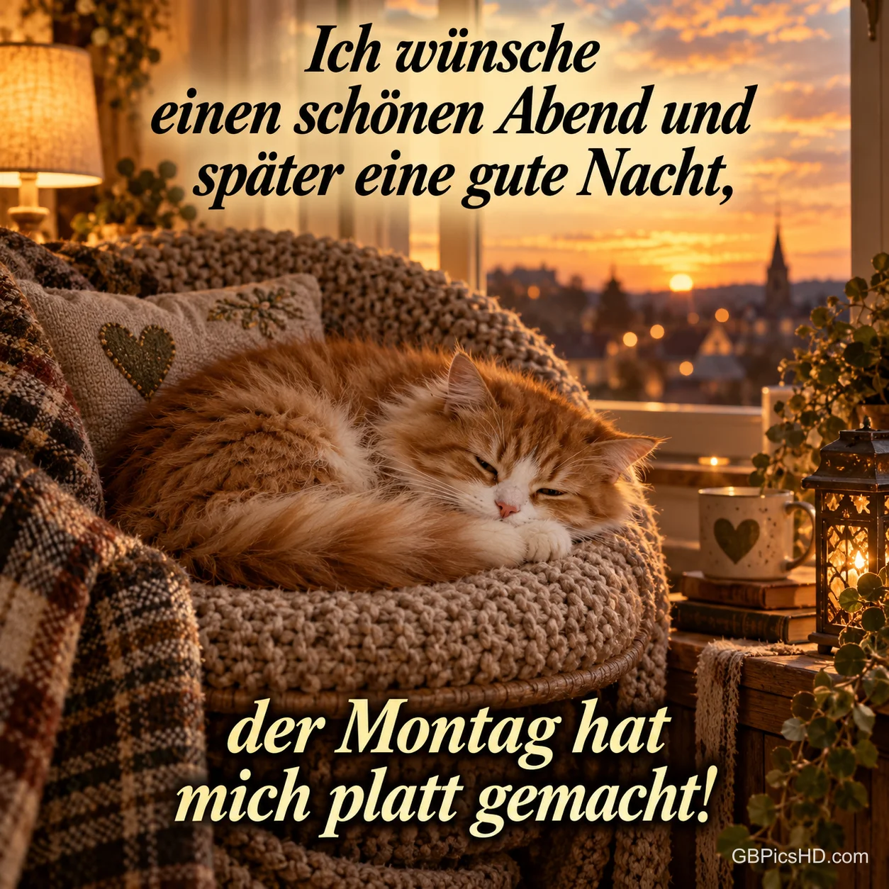 Eine rote Katze schläft zusammengerollt in einem Strickkorb auf dem Sessel vor einem Fenster mit Blick auf die abendliche Stadt, mit Montagsspruch