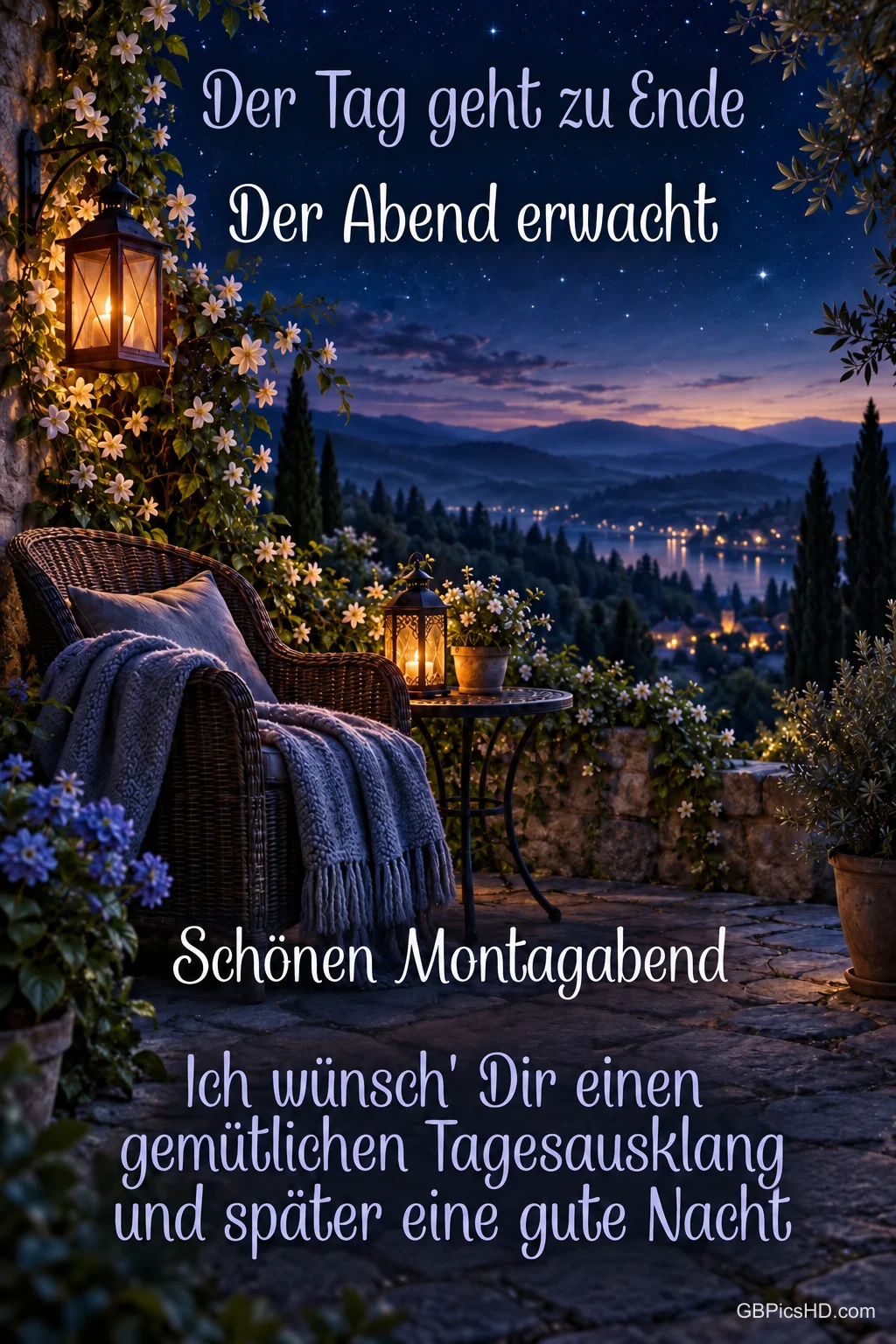 Blühende Terrasse mit Sessel, Decke und Laterne über einem nächtlichen Tal mit See und Lichtern, dazu ein Gruß für einen gemütlichen Tagesausklang