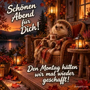 Ein Igel sitzt mit Tasse und Decke im Korbsessel auf einer herbstlichen Veranda am See, umgeben von Laternen und bunten Blättern