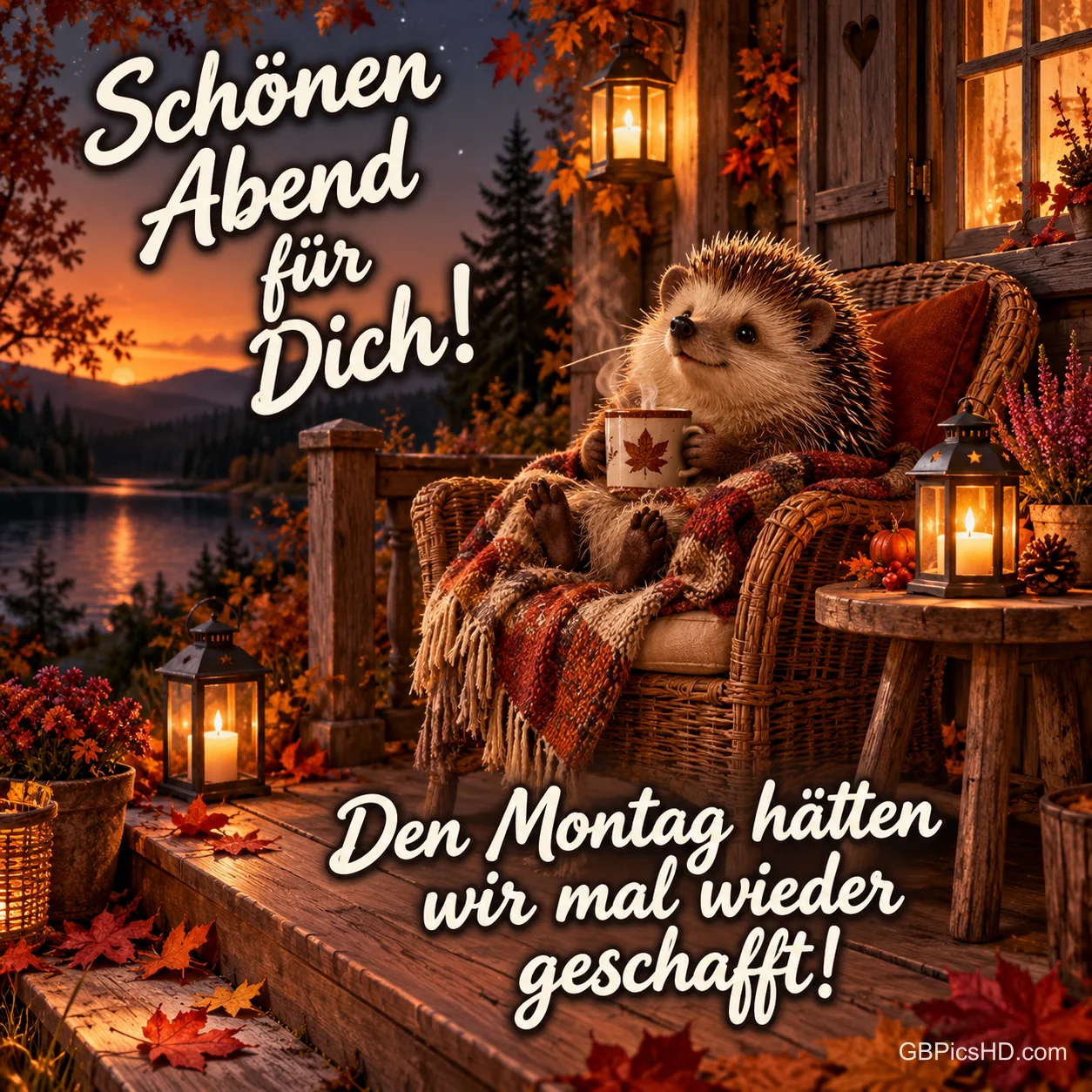 Ein Igel sitzt mit Tasse und Decke im Korbsessel auf einer herbstlichen Veranda am See, umgeben von Laternen und bunten Blättern