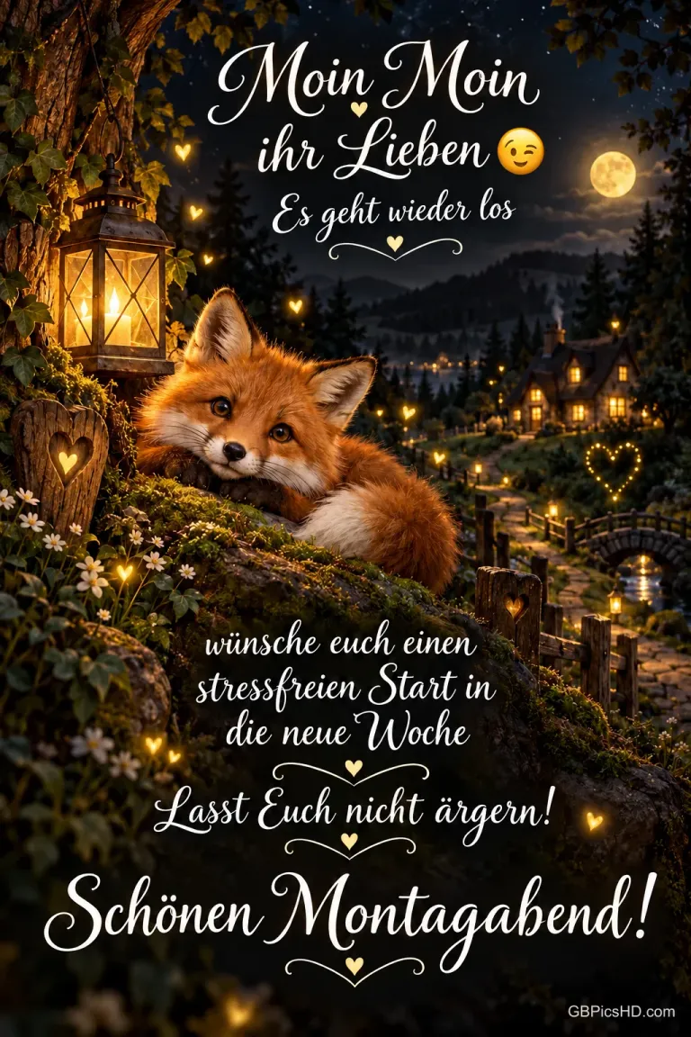 Ein Fuchs liegt auf einem moosigen Hügel unter Laternen und funkelnden Lichtern, im Hintergrund ein nächtliches Dorf, dazu ein fröhlicher Wochenstartgruß