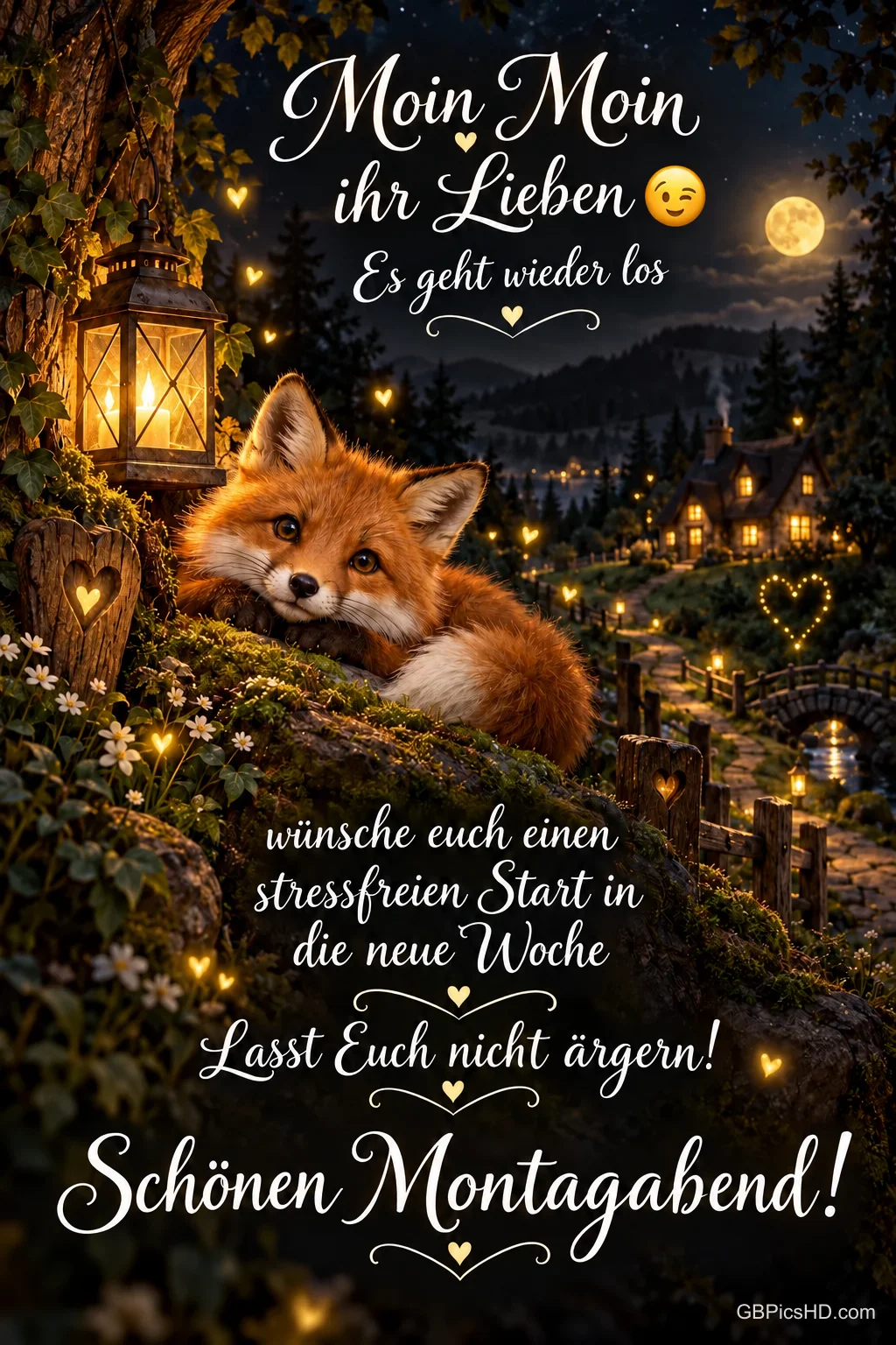 Ein Fuchs liegt auf einem moosigen Hügel unter Laternen und funkelnden Lichtern, im Hintergrund ein nächtliches Dorf, dazu ein fröhlicher Wochenstartgruß