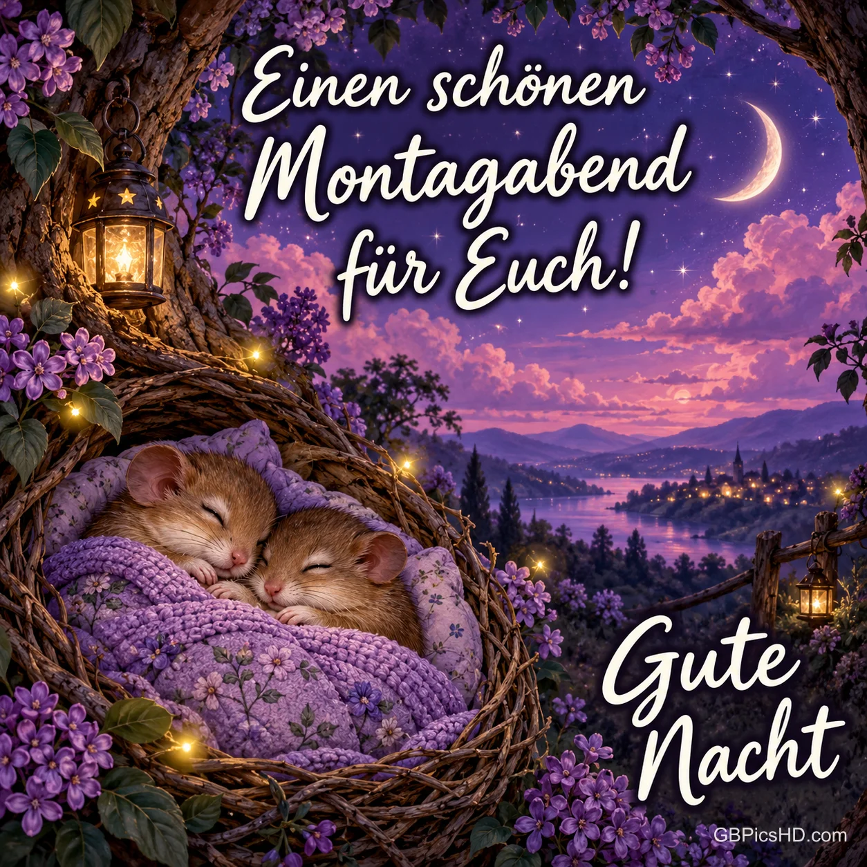 Zwei kleine Mäuse schlafen eng aneinander in einem Nest mit lila Decke, umgeben von Flieder, Lichtern und einem abendlichen See unter der Mondsichel