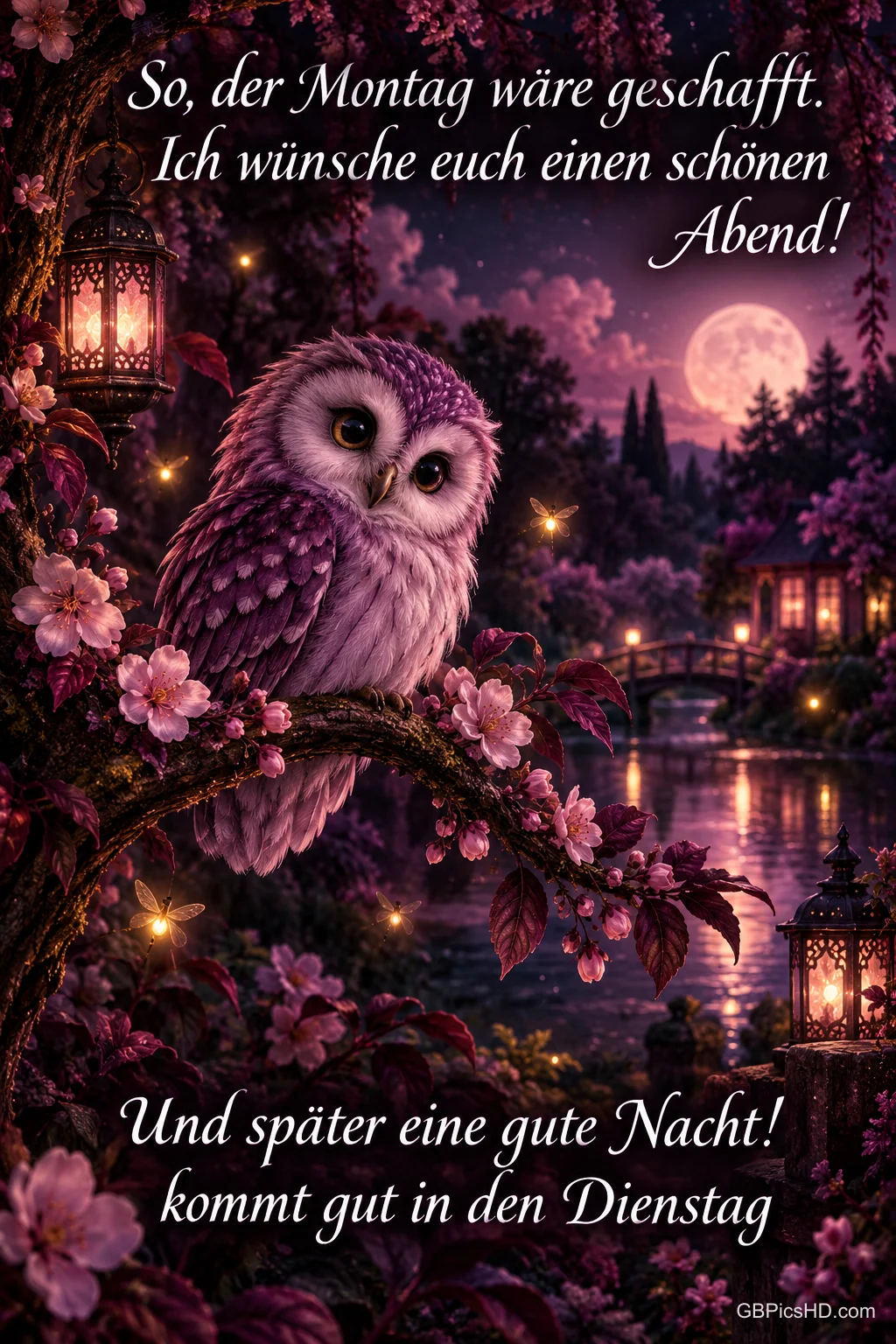 Eine Eule sitzt auf einem blühenden Zweig neben Laternen, unten liegt ein nächtlicher See mit Brücke und Vollmond in violettem Licht
