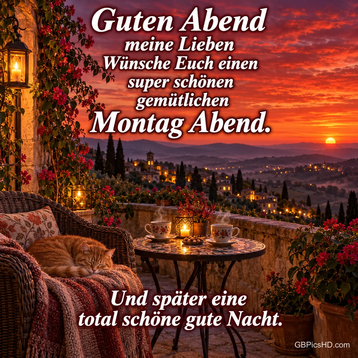 Terrasse mit Rosen, Laterne, Teetassen und schlafender Katze auf einem Sessel, im Hintergrund eine Hügelstadt im roten Sonnenuntergang