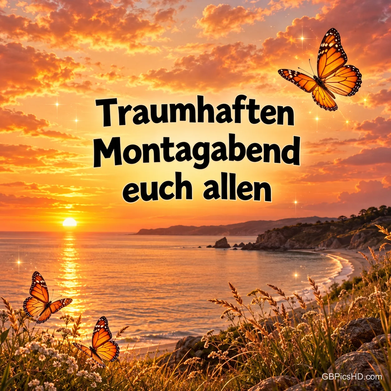 Sonnenuntergang über einer weiten Meeresbucht mit Gräsern auf einem Hügel, orangefarbene Schmetterlinge flattern durch das goldene Abendlicht