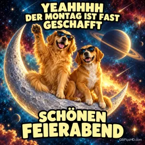 Zwei fröhliche Golden Retriever mit Sonnenbrillen sitzen auf einer Mondsichel im bunten Weltall, einer hebt jubelnd die Pfote zum Feierabend