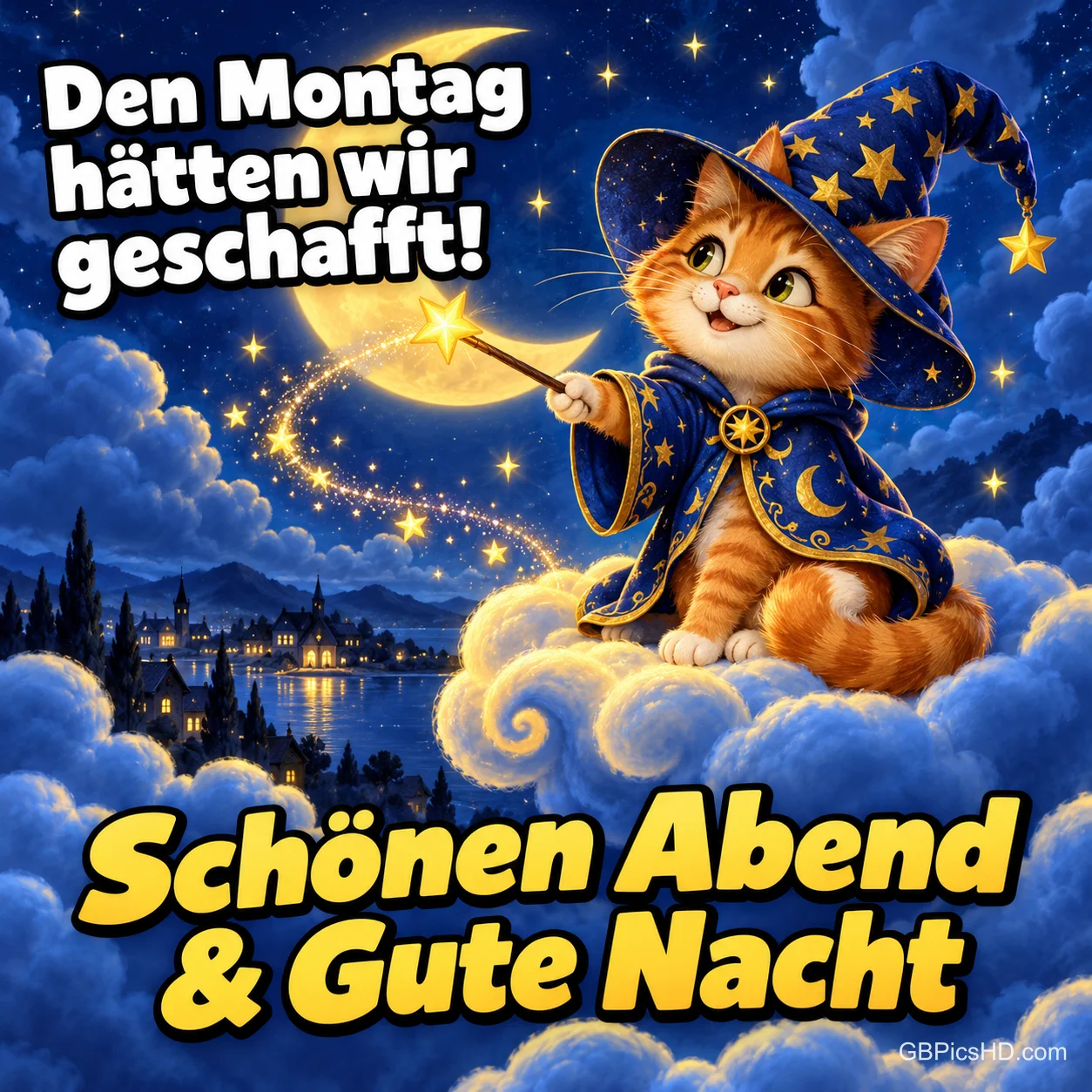Eine Katze im blauen Zauberergewand mit Sternenhut sitzt auf einer Wolke und zaubert mit ihrem Stab Sternenstaub über eine nächtliche Stadt am See