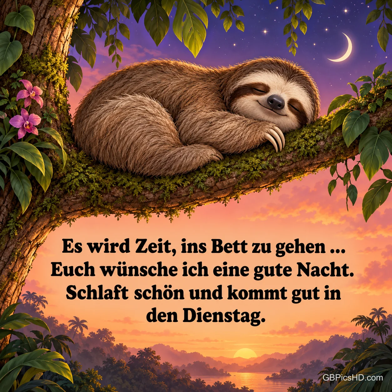 Ein Faultier schläft entspannt auf einem moosigen Ast im Dschungel, dahinter Sonnenuntergang über Hügeln und eine schmale Mondsichel am Abendhimmel