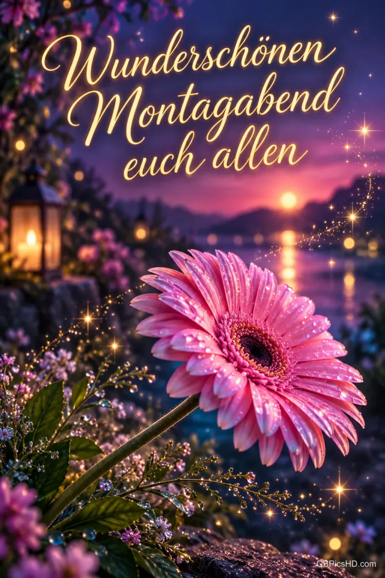 Rosa Gerbera mit Tautropfen vor einem abendlichen See mit Laterne, glitzernden Lichtern und violettem Sonnenuntergang, darüber ein Gruß an alle