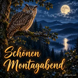 Ein Uhu sitzt auf einem Ast über einem nebligen Waldtal mit See, der Vollmond leuchtet zwischen Wolken, dazu ein goldener Schriftzug