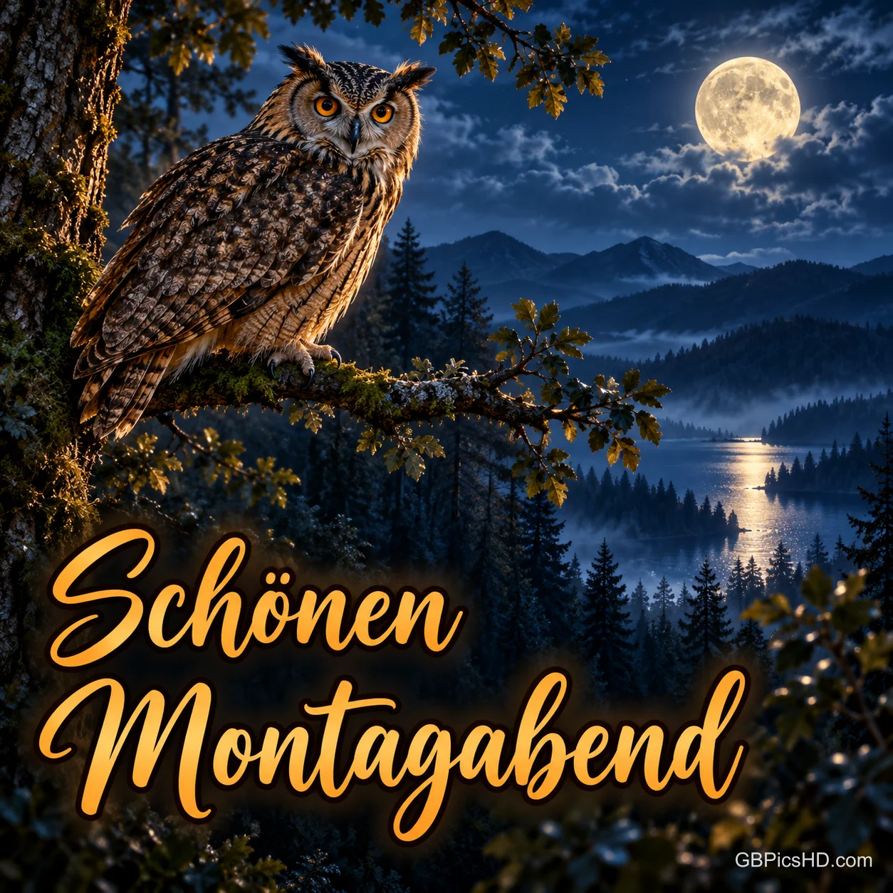 Ein Uhu sitzt auf einem Ast über einem nebligen Waldtal mit See, der Vollmond leuchtet zwischen Wolken, dazu ein goldener Schriftzug