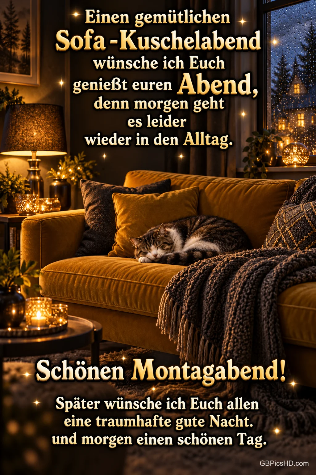 Eine Katze schläft auf einem senfgelben Samtsofa mit Strickdecke im warm beleuchteten Wohnzimmer, draußen regnet es, dazu ein Gruß für einen gemütlichen Montagabend